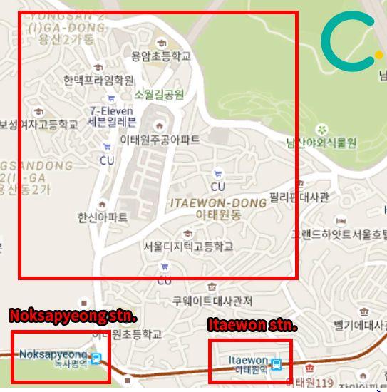 Karte, die die Lage von Noksapyeong und Itaewon U-Bahn-Stationen in Seoul, Südkorea, zeigt.